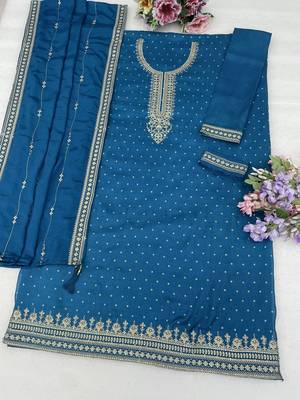 Blue embroidered unstitched salwar suit material with heavy border dupatta 4