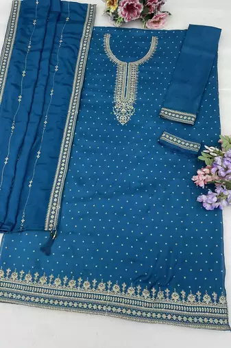 Blue embroidered unstitched salwar suit material with heavy border dupatta