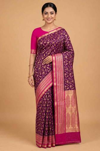 Purple cotton silk banarasi  saree with floral zari jaal work