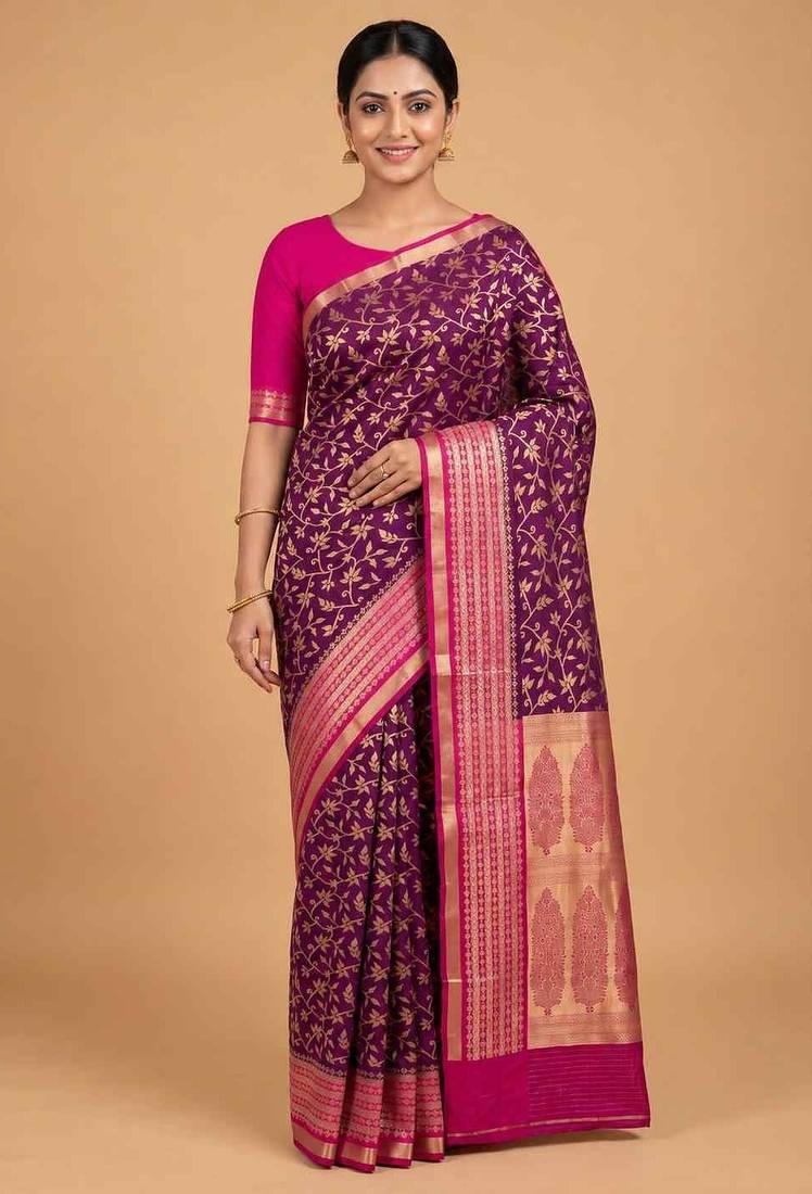 Purple cotton silk banarasi  saree with floral zari jaal work