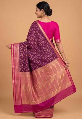 Purple cotton silk banarasi  saree with floral zari jaal work 2