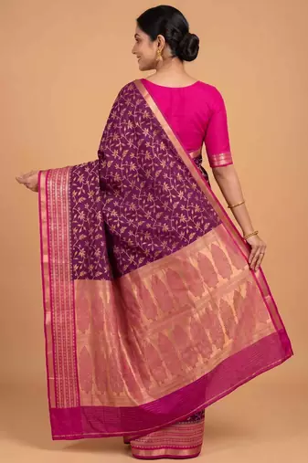 Purple cotton silk banarasi  saree with floral zari jaal work