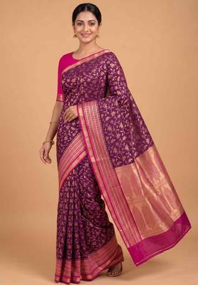 Purple cotton silk banarasi  saree with floral zari jaal work 3