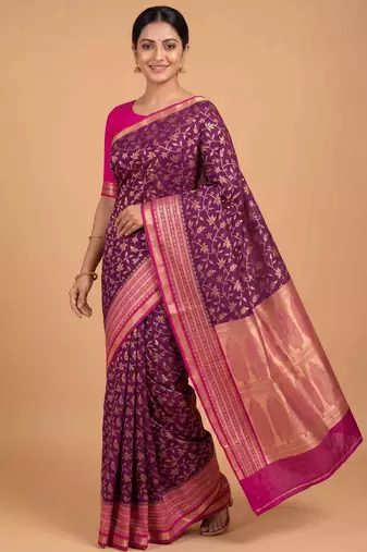 Purple cotton silk banarasi  saree with floral zari jaal work