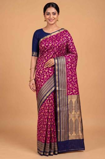 Rani pink cotton silk banarasi  saree with floral zari jaal work