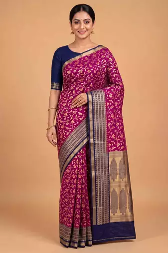 Rani pink cotton silk banarasi  saree with floral zari jaal work