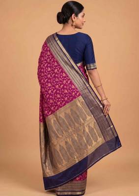 Rani pink cotton silk banarasi  saree with floral zari jaal work 2
