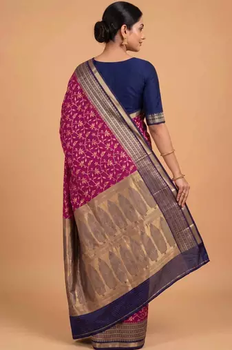 Rani pink cotton silk banarasi  saree with floral zari jaal work