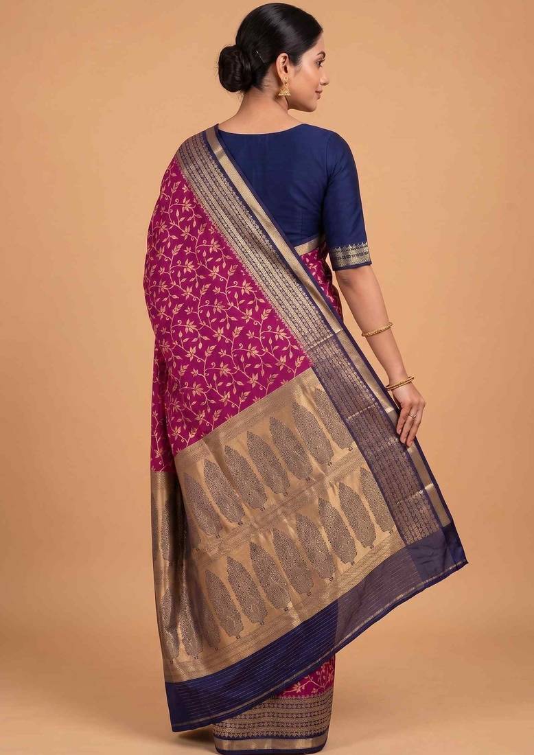 Rani pink cotton silk banarasi  saree with floral zari jaal work