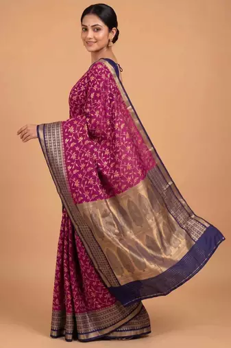 Rani pink cotton silk banarasi  saree with floral zari jaal work