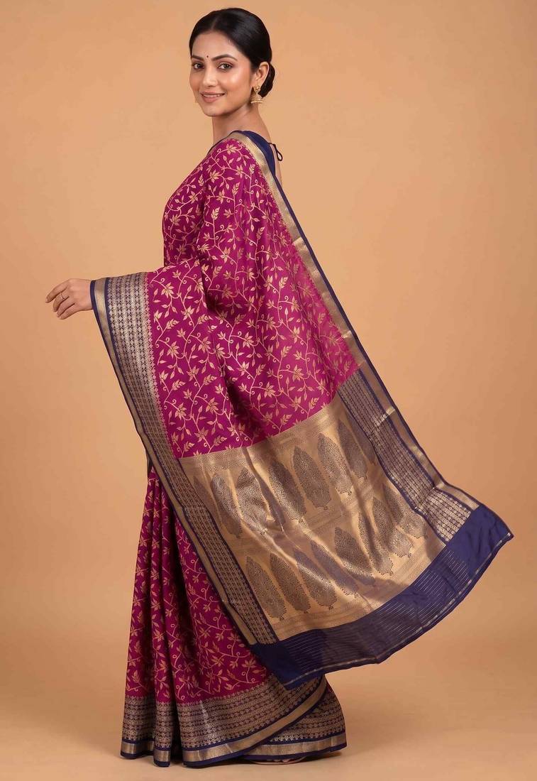 Rani pink cotton silk banarasi  saree with floral zari jaal work