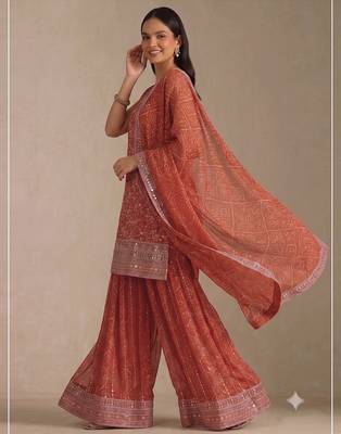 Orange georgette bandhani mirror work dress material set 3