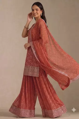 Orange georgette bandhani mirror work dress material set