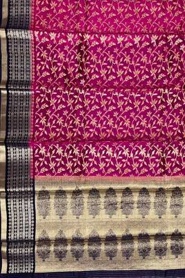 Rani pink cotton silk banarasi  saree with floral zari jaal work 4