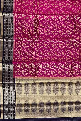 Rani pink cotton silk banarasi  saree with floral zari jaal work
