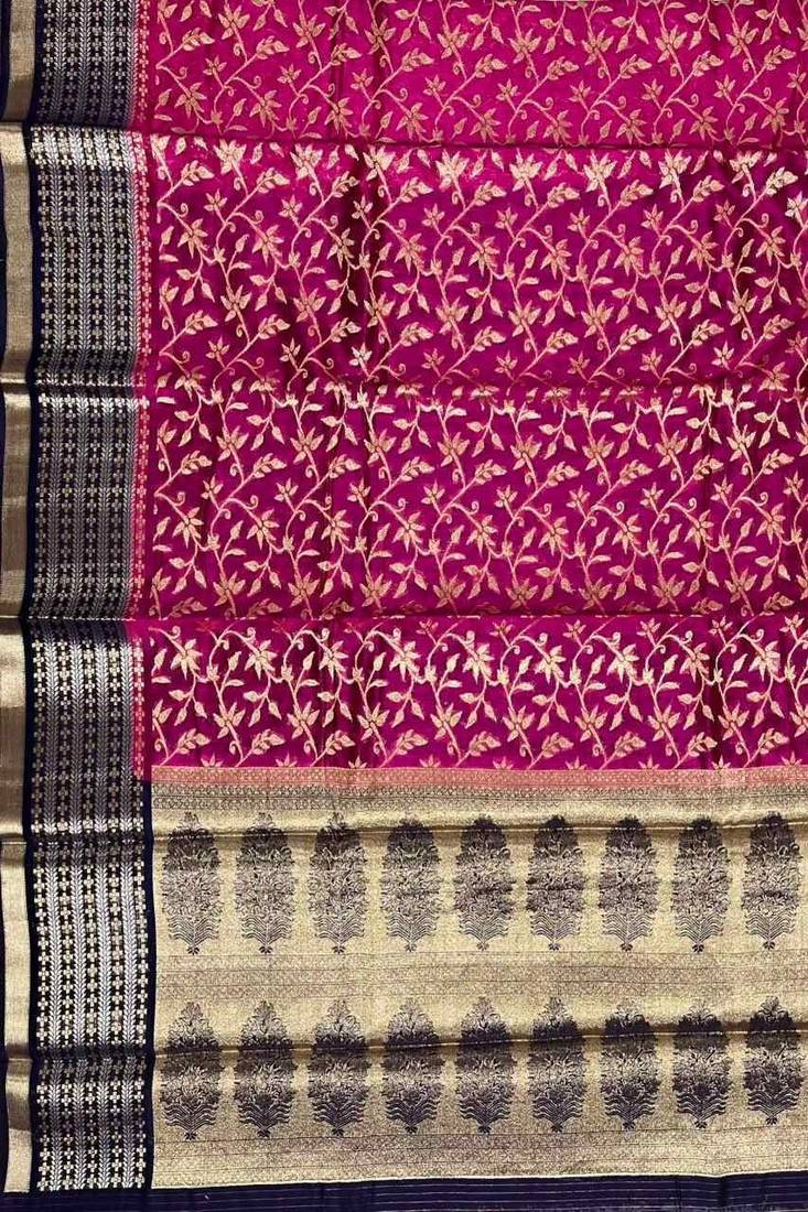Rani pink cotton silk banarasi  saree with floral zari jaal work