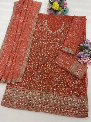 Orange georgette bandhani mirror work dress material set 4