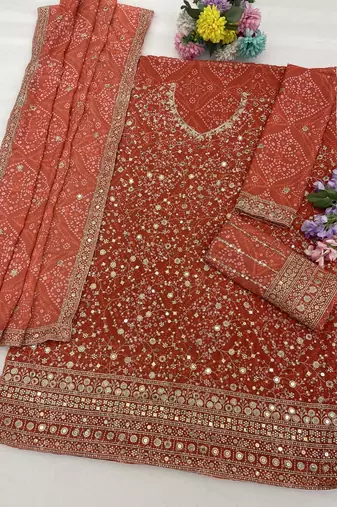 Orange georgette bandhani mirror work dress material set