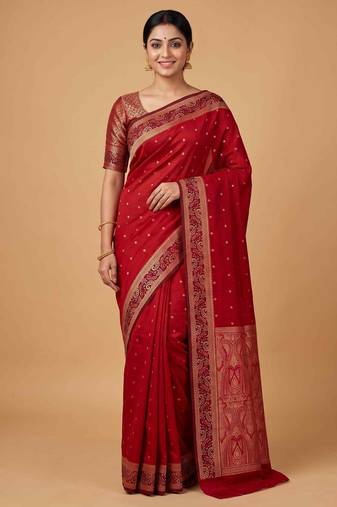 Red cotton silk banarasi  saree with  zari booti & tanchoi work