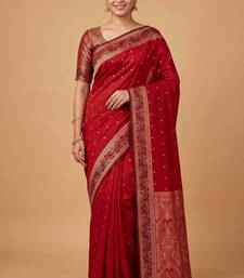 Red cotton silk banarasi  saree with  zari booti & tanchoi work