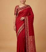 Red cotton silk banarasi  saree with  zari booti & tanchoi work