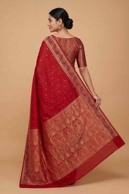 Red cotton silk banarasi  saree with  zari booti & tanchoi work 2