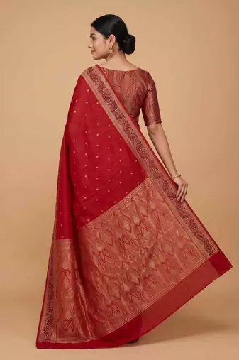 Red cotton silk banarasi  saree with  zari booti & tanchoi work