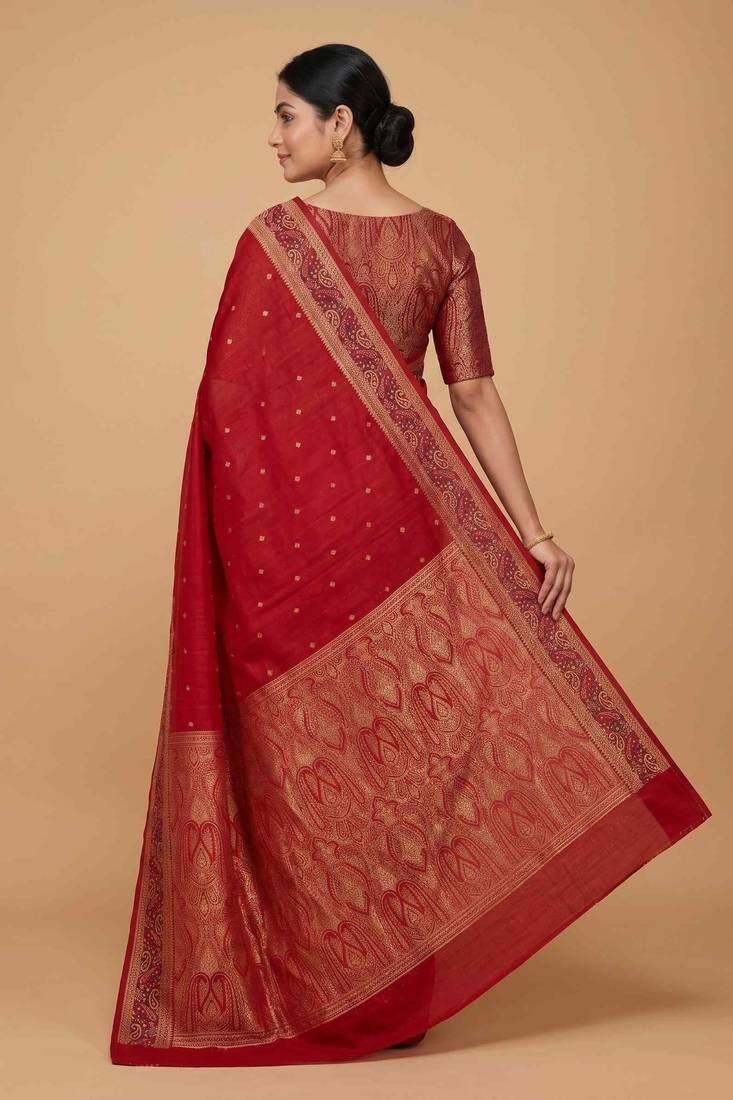 Red cotton silk banarasi  saree with  zari booti & tanchoi work