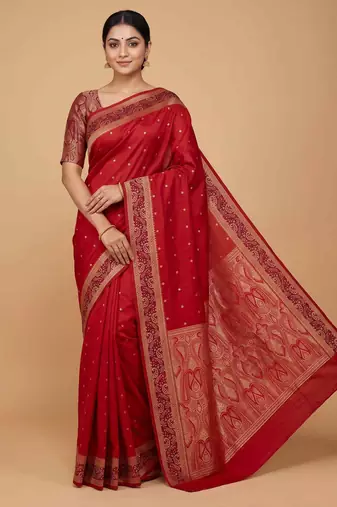 Red cotton silk banarasi  saree with  zari booti & tanchoi work