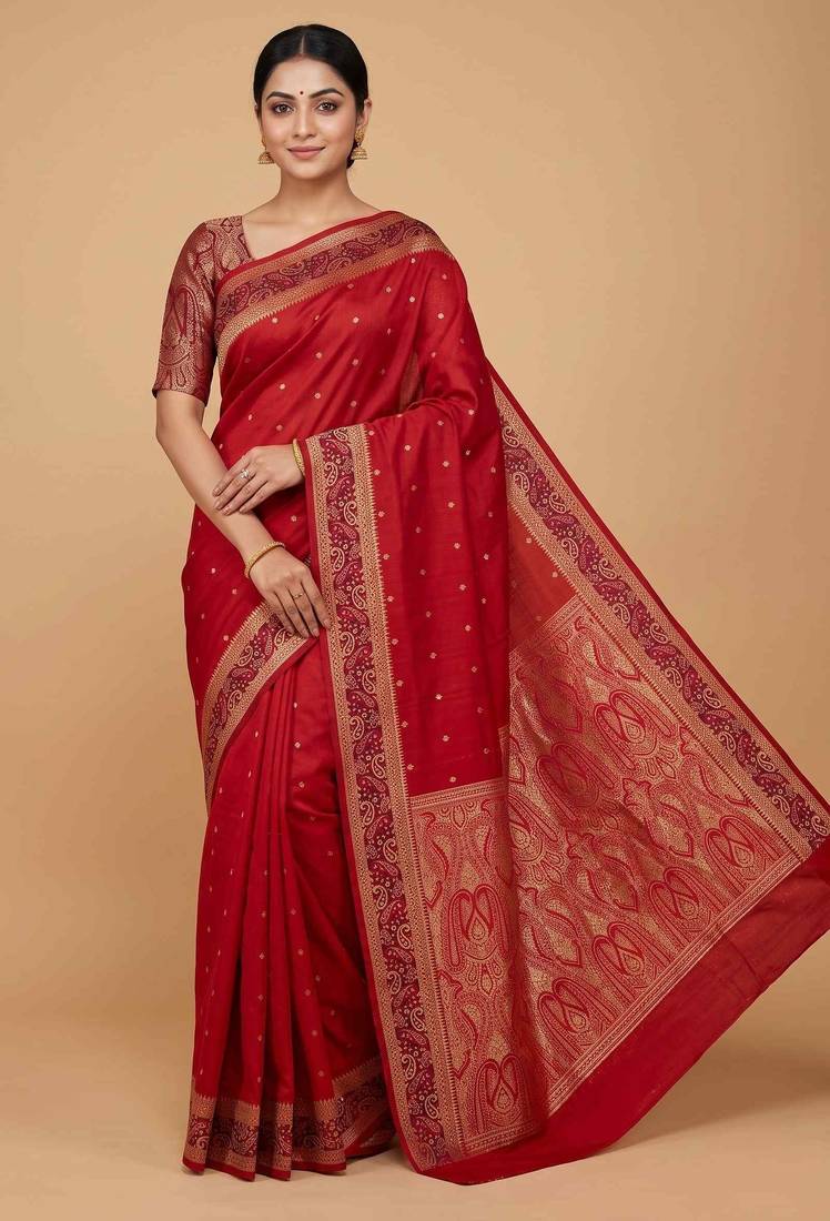 Red cotton silk banarasi  saree with  zari booti & tanchoi work