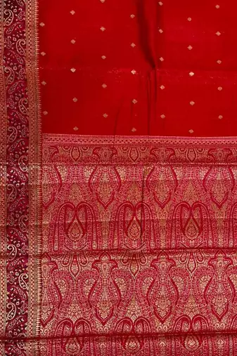 Red cotton silk banarasi  saree with  zari booti & tanchoi work