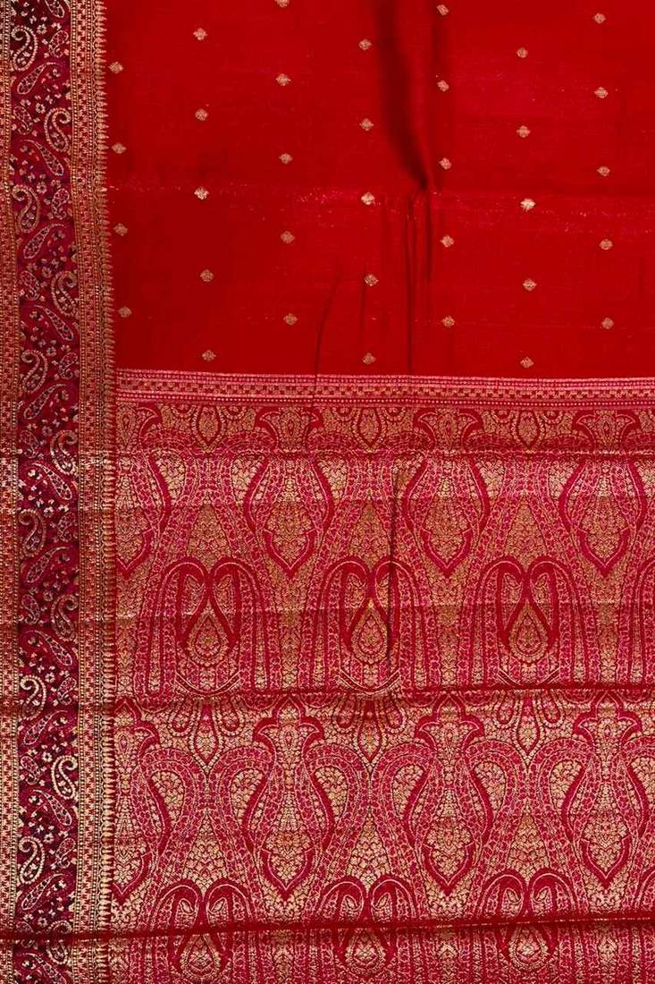 Red cotton silk banarasi  saree with  zari booti & tanchoi work