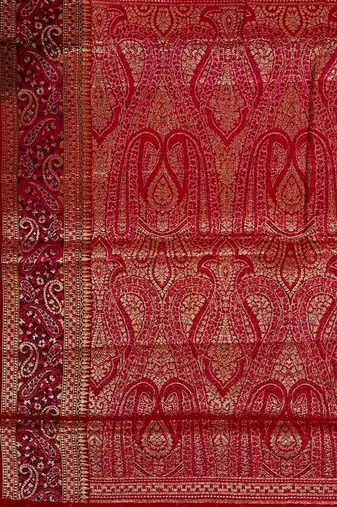 Red cotton silk banarasi  saree with  zari booti & tanchoi work