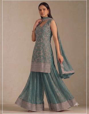 Teal georgette bandhani mirror work dress material set 3