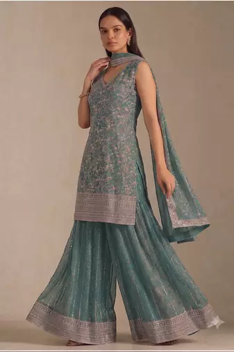 Teal georgette bandhani mirror work dress material set