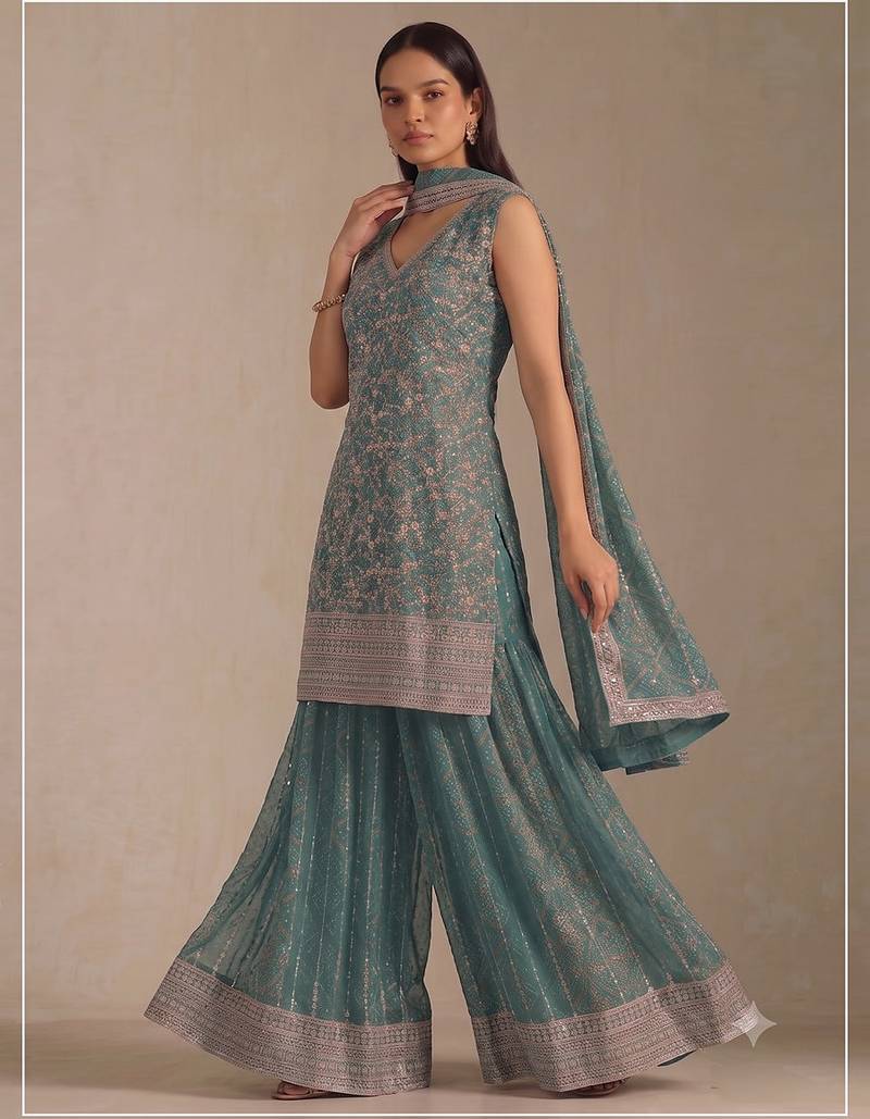 Teal georgette bandhani mirror work dress material set