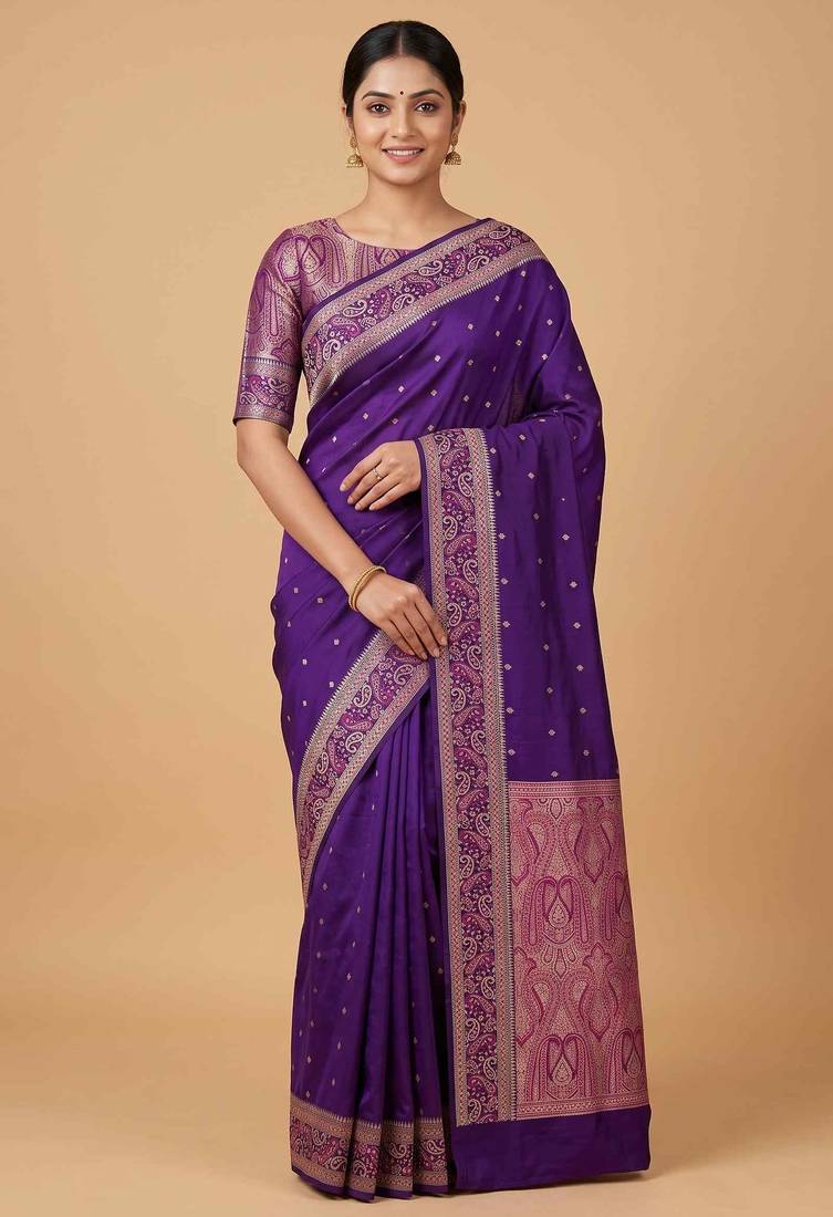 Purple cotton silk banarasi  saree with zari booti & tanchoi work