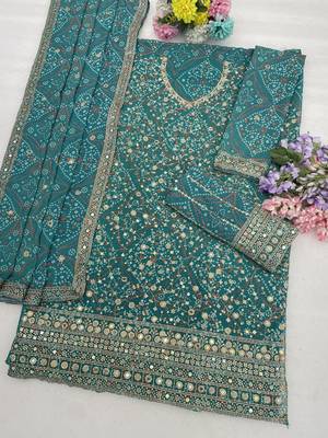Teal georgette bandhani mirror work dress material set 4