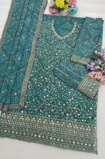 Teal georgette bandhani mirror work dress material set