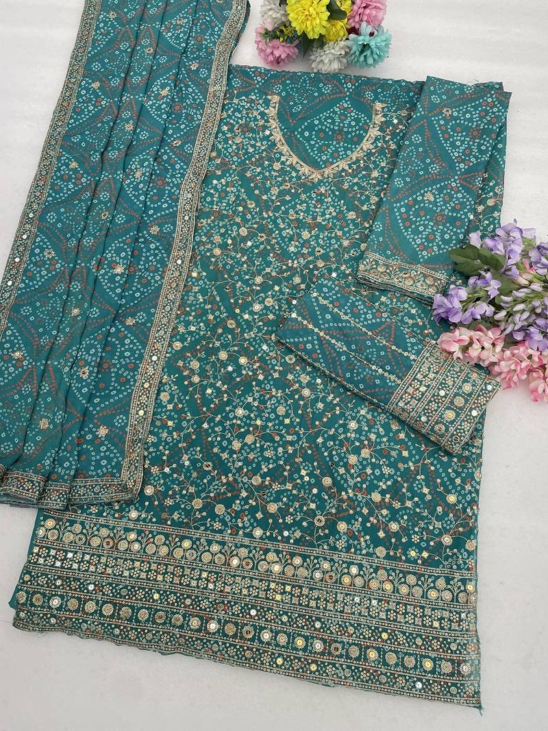 Teal georgette bandhani mirror work dress material set