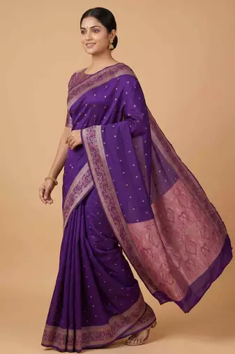 Purple cotton silk banarasi  saree with zari booti & tanchoi work