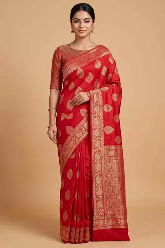 Red cotton silk banarasi  saree with pan boota zari  work