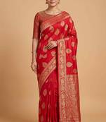 Red cotton silk banarasi  saree with pan boota zari  work