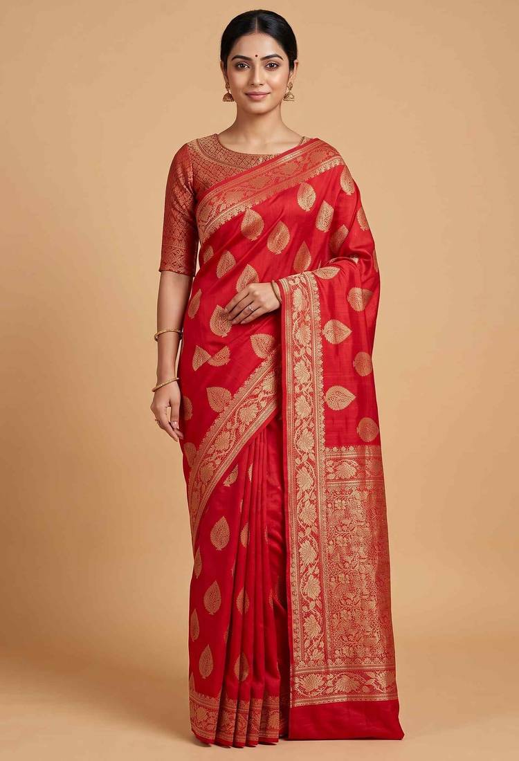 Red cotton silk banarasi  saree with pan boota zari  work