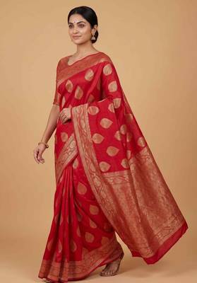 Red cotton silk banarasi  saree with pan boota zari  work 2