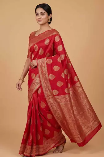 Red cotton silk banarasi  saree with pan boota zari  work
