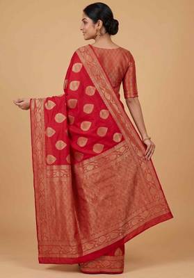 Red cotton silk banarasi  saree with pan boota zari  work 3
