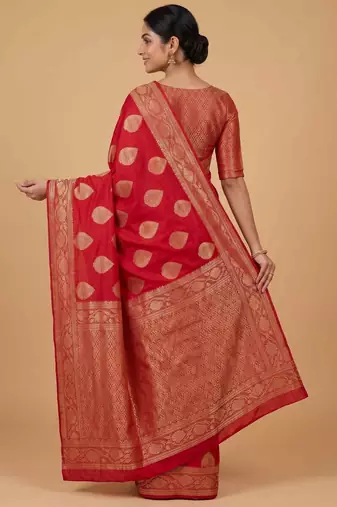 Red cotton silk banarasi  saree with pan boota zari  work