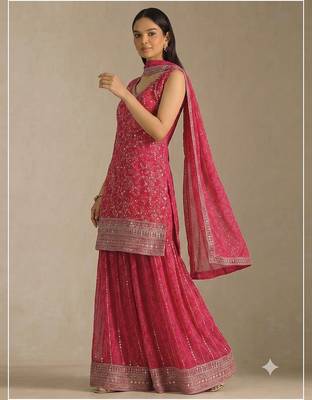 Pink georgette bandhani mirror work dress material set 3