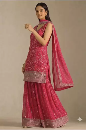 Pink georgette bandhani mirror work dress material set